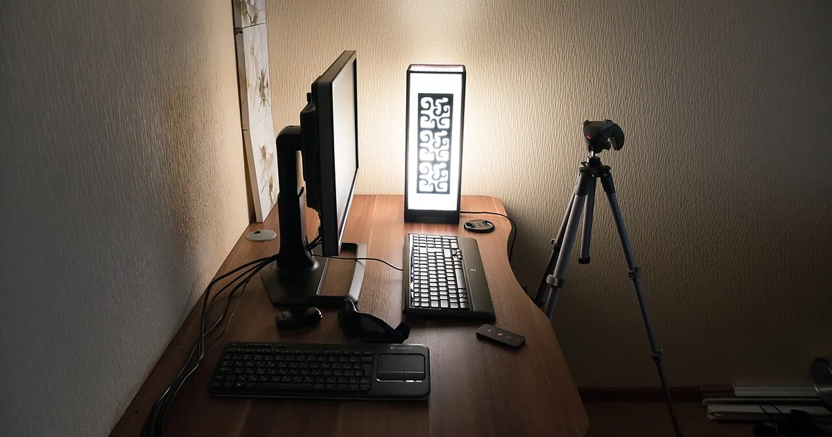 A computer desk with a monitor on an arm, keyboard, desk lamp and a webcam tripod
