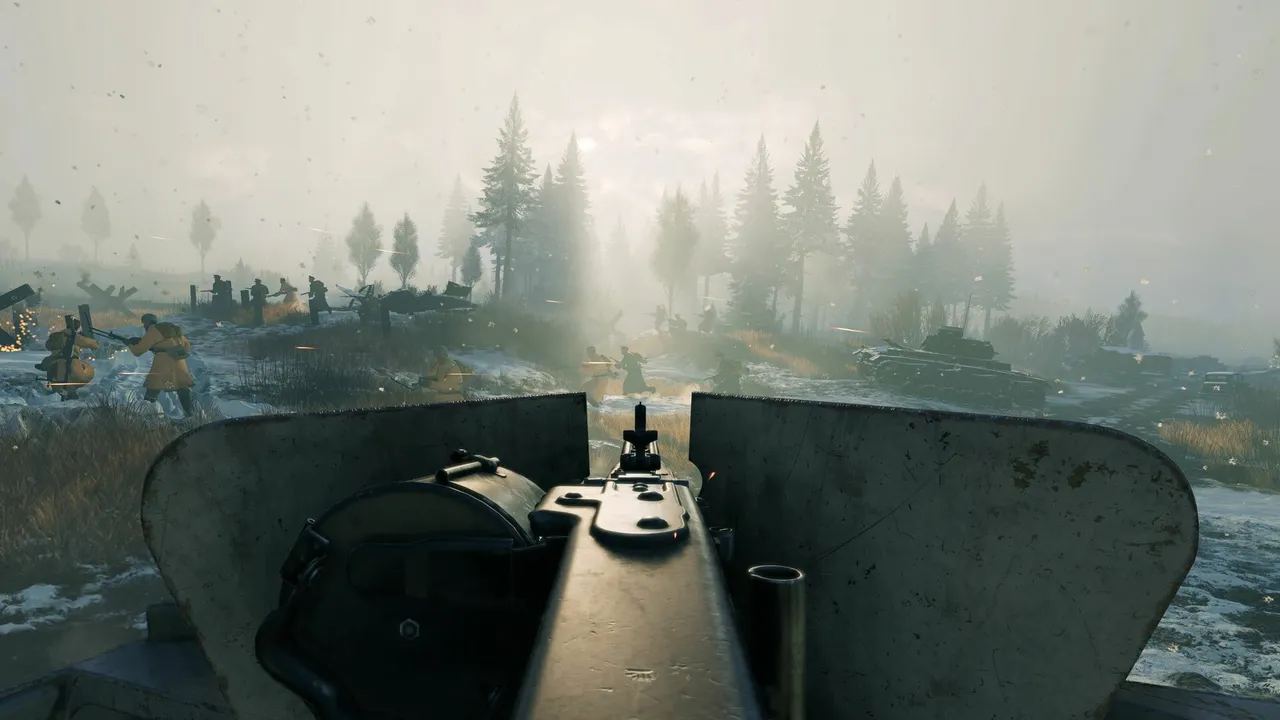 Enlisted official screenshot: the view from a tank's hull over a misty battlefield