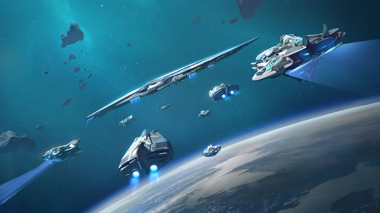Foundation: Galactic Frontier official screenshot: a fleet of starships cruising above a blue planet