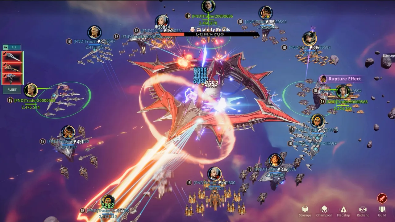 Foundation: Galactic Frontier official screenshot: a large fleet battle lit by glowing weapon fire in deep space