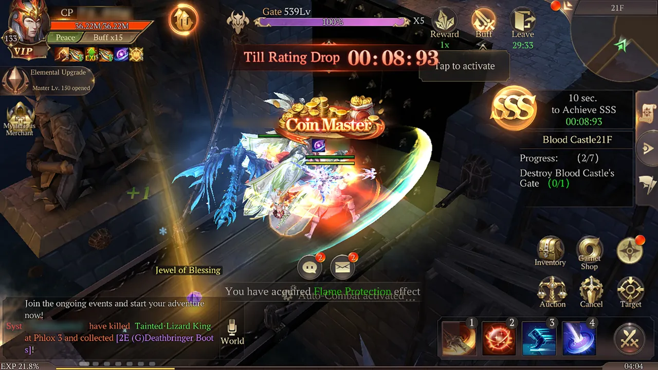 MU: Dark Epoch official screenshot: a Blood Castle dungeon run with a countdown timer and rating display as the player battles a boss