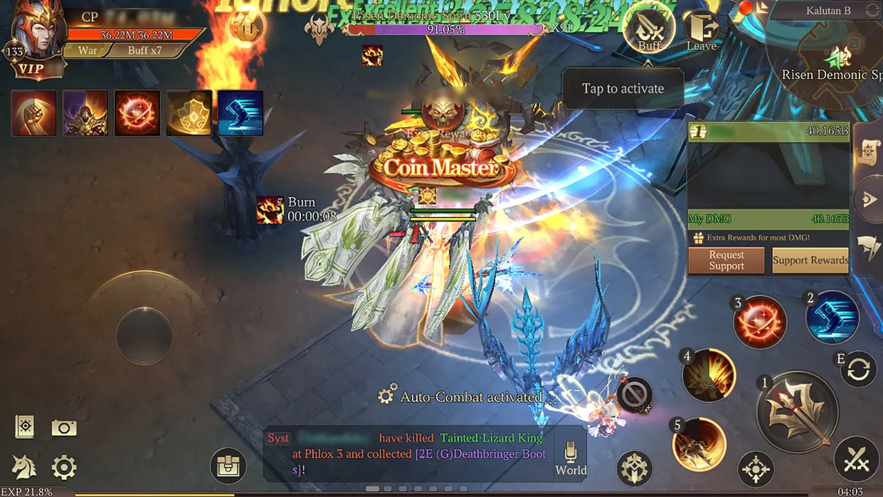 MU: Dark Epoch official screenshot: a winged warrior unleashing a glowing area attack in a dungeon, with skill buttons and auto-combat controls on screen