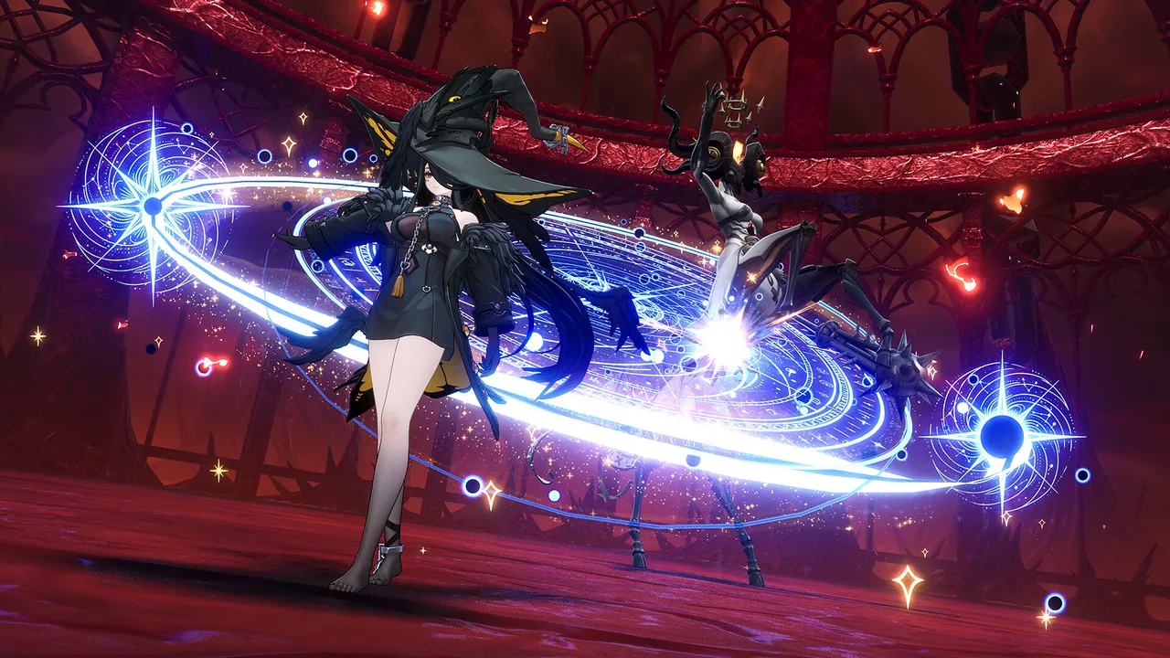 Neverness to Everness official screenshot: a character casting a swirling, star-filled attack in a red-lit arena