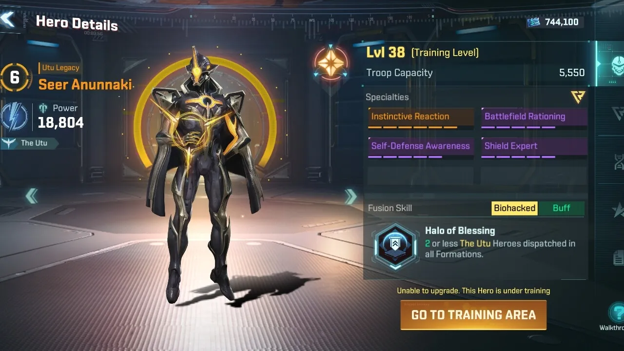 Project Entropy official screenshot: the hero details screen showing an armoured commander with stats and skills