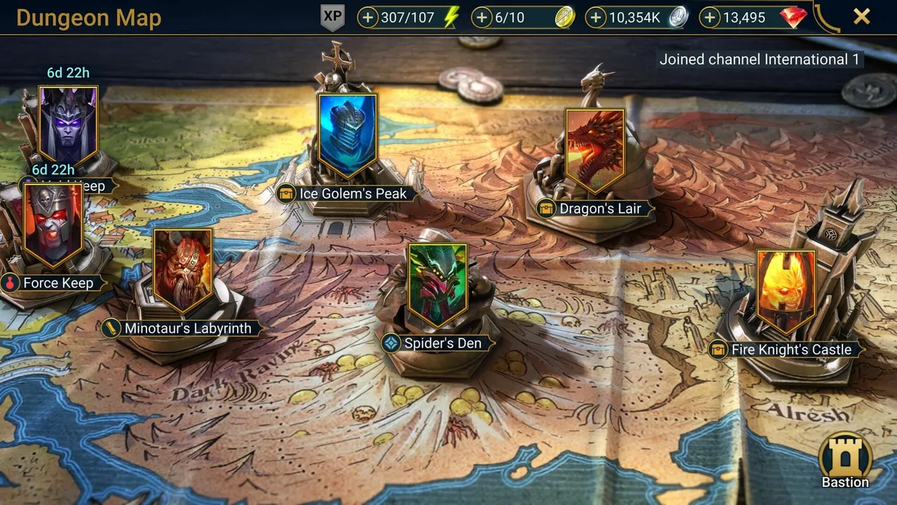Raid: Shadow Legends official screenshot: the dungeon map showing locations such as the Dragon's Lair and Minotaur's Labyrinth