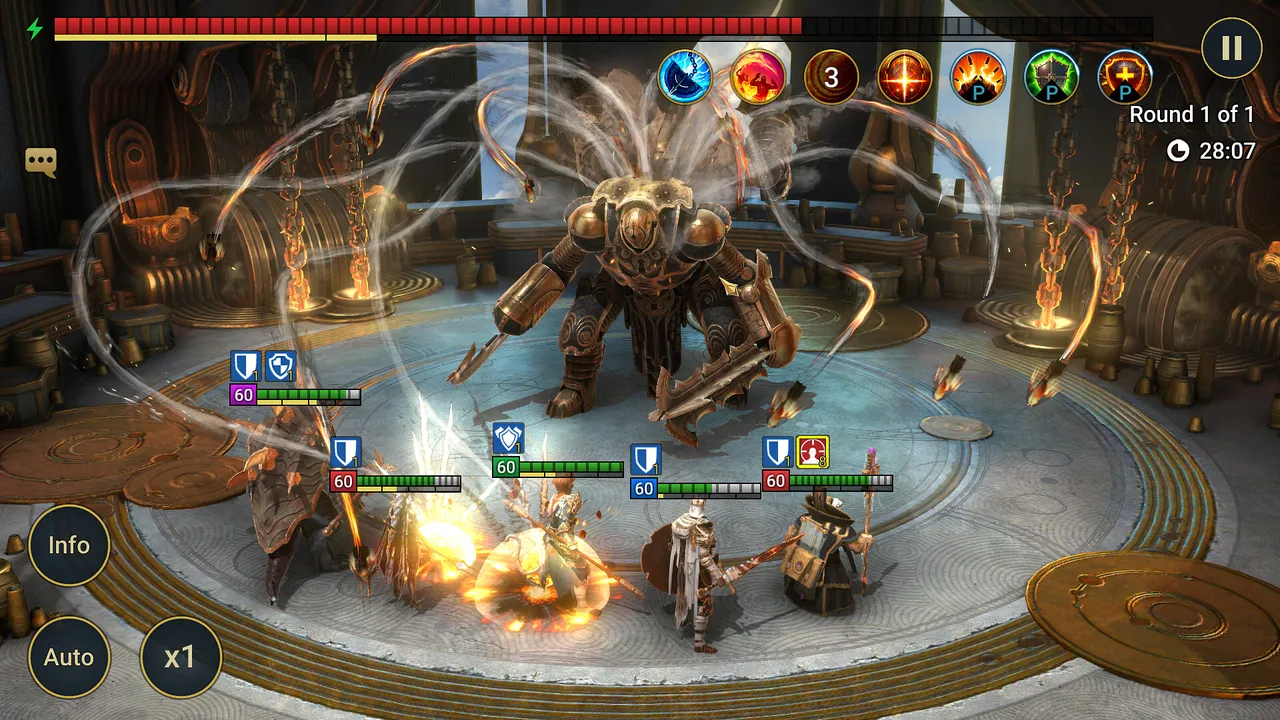 Raid: Shadow Legends official screenshot: champions fighting a huge armoured boss in a fiery arena