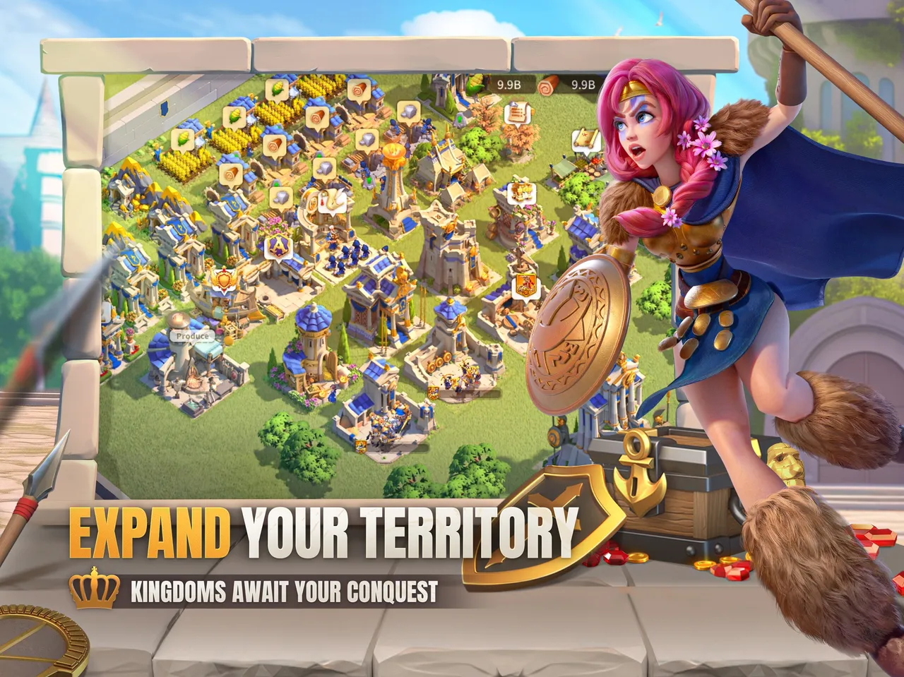 Rise of Kingdoms official store artwork of a sprawling city on the world map, captioned 'Expand your territory'