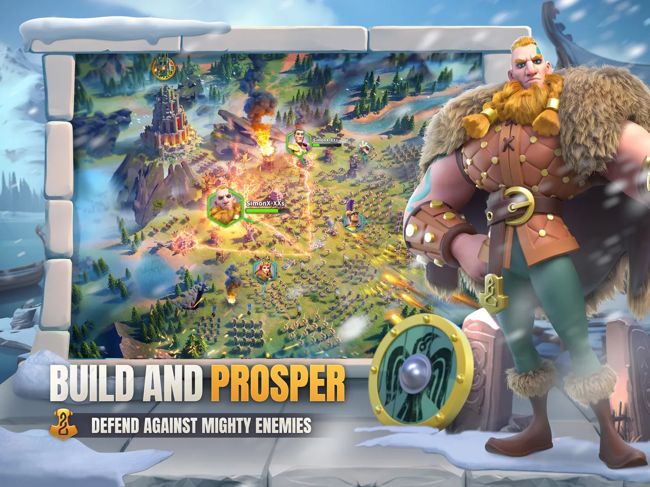 Rise of Kingdoms official store artwork of a city view with a barbarian commander, captioned 'Build and prosper'