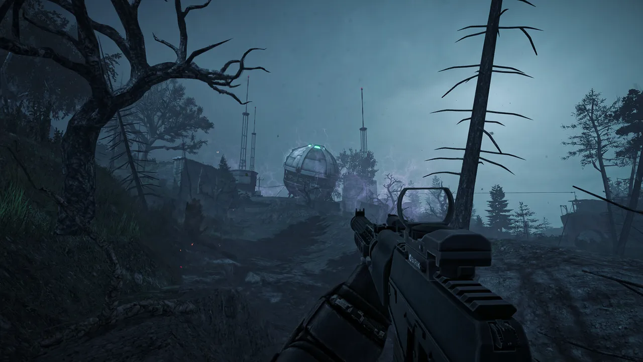STALZONE official screenshot: a foggy night in a dead forest, with a glowing anomaly sphere hovering near ruined structures as the player aims a rifle