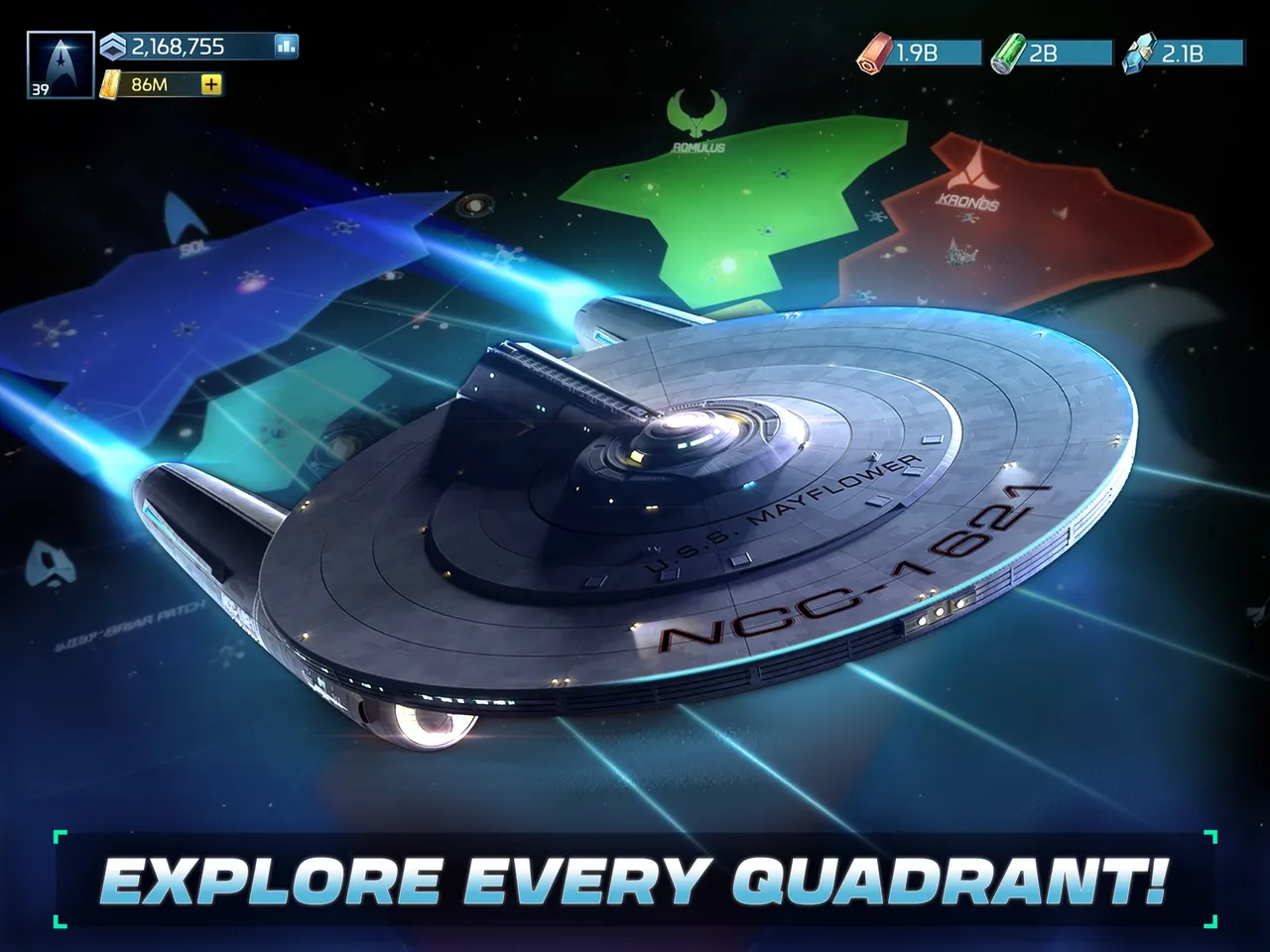 Star Trek Fleet Command official store artwork of a Federation starship in deep space, captioned 'Explore every quadrant'