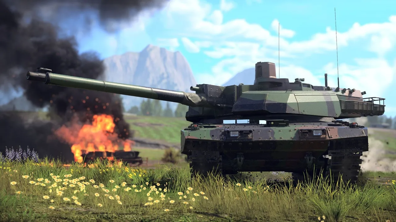 War Thunder official screenshot: a modern main battle tank driving past a burning wreck