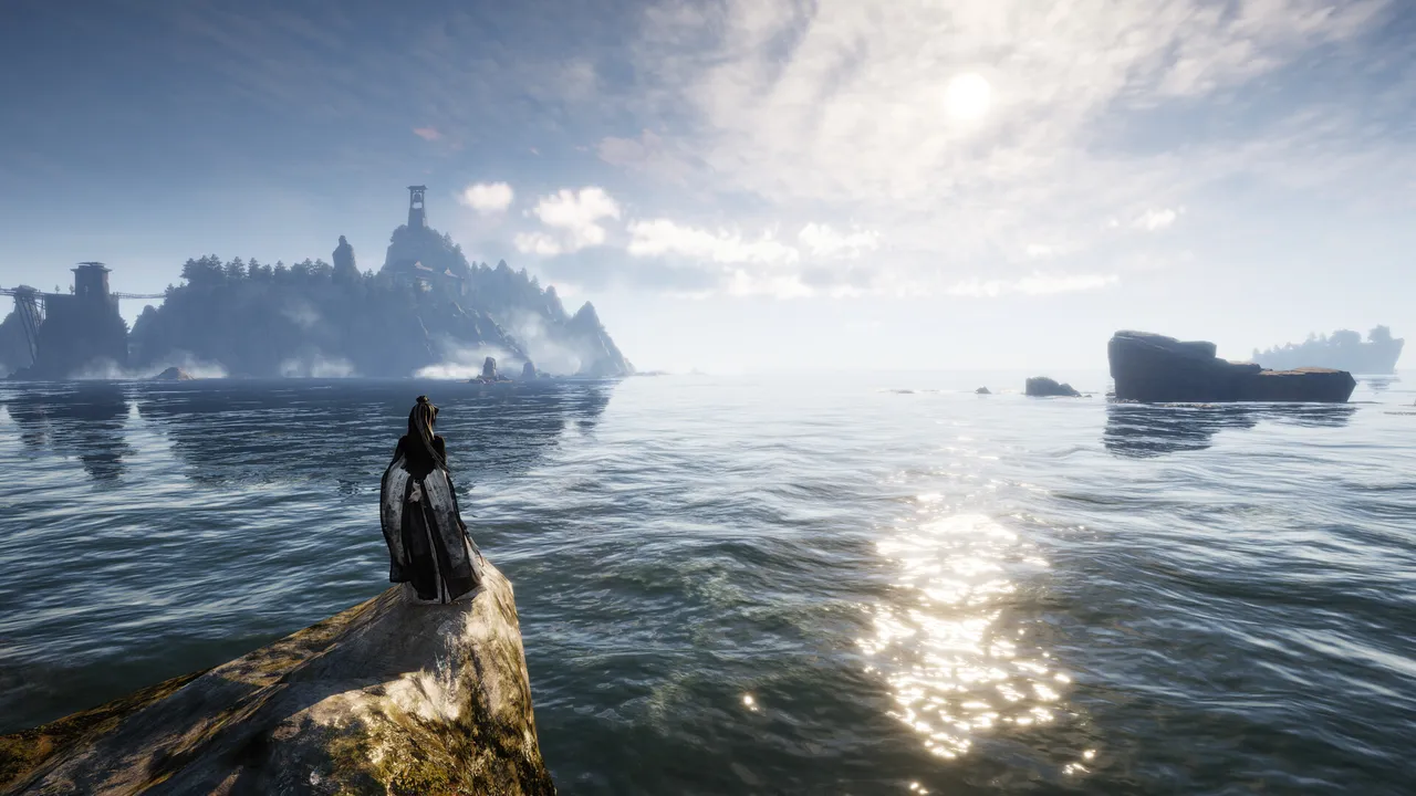 Where Winds Meet official screenshot: a lone swordsman standing on a rock at the water's edge, looking out over a misty sea