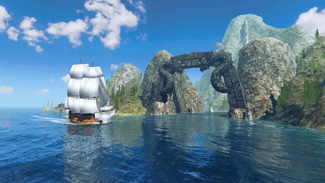 World of Sea Battle official screenshot: a three-masted sailing ship passing a natural rock arch