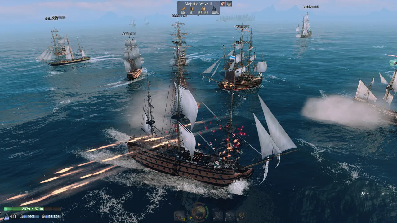 World of Sea Battle official screenshot: a line of warships trading cannon fire on open water