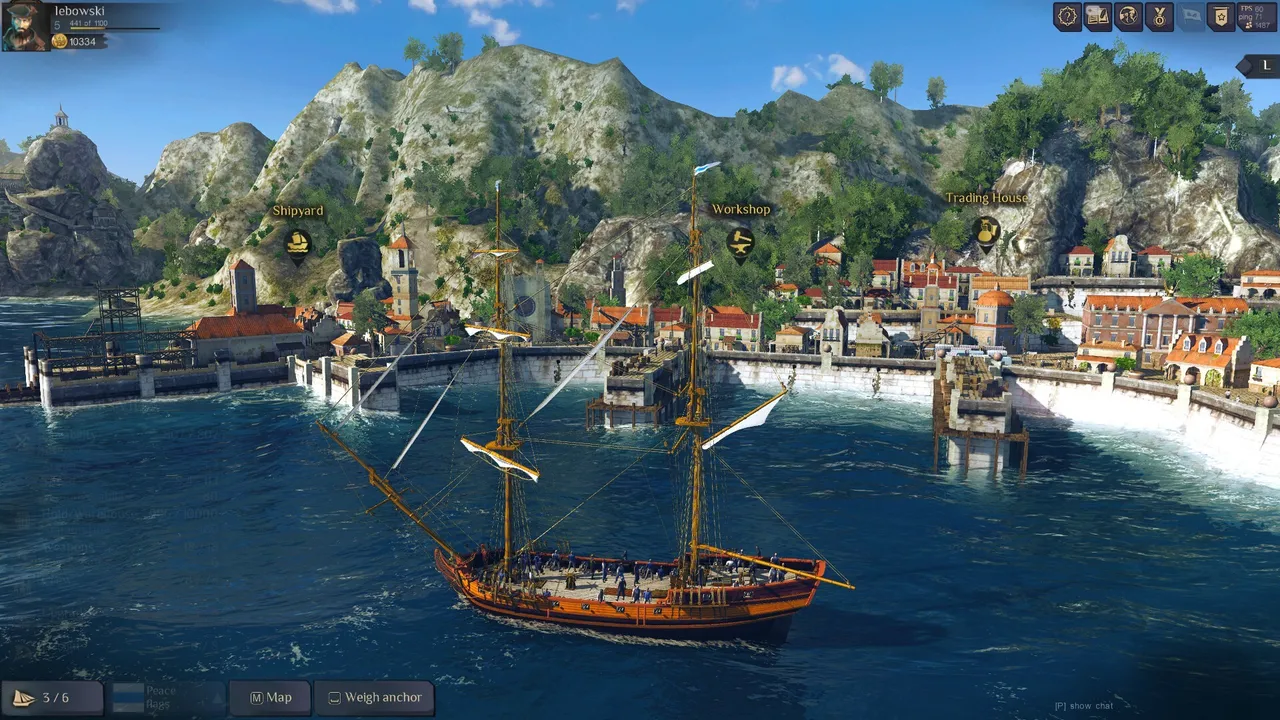 World of Sea Battle official screenshot: ships moored in a busy harbour town below green hills