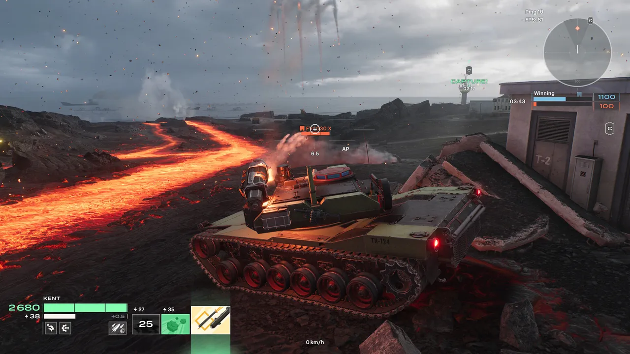 World of Tanks HEAT official screenshot: a tank crossing a volcanic map cut by rivers of glowing lava