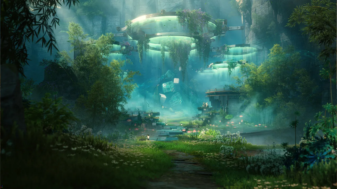 Wuthering Waves official screenshot: a lush overgrown ruin with layered waterfalls and terraced platforms glowing in green light