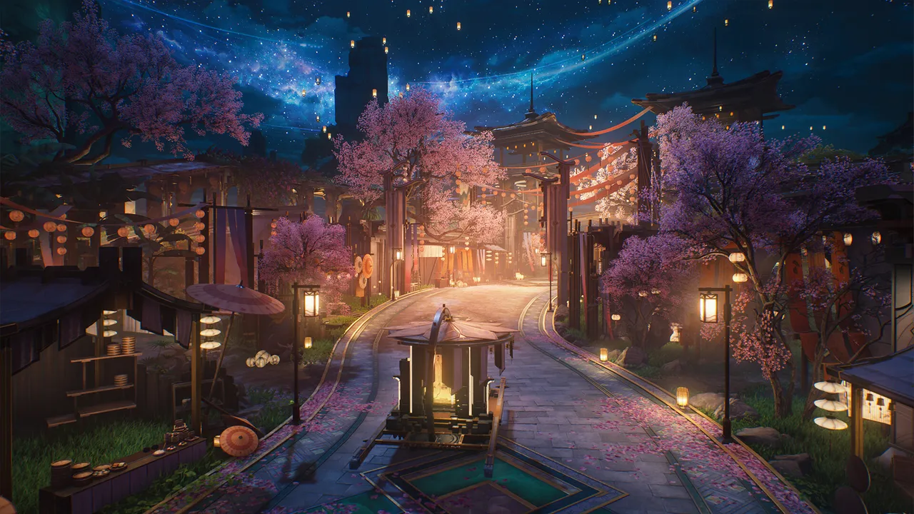 Wuthering Waves official screenshot: a nighttime town street lit by lanterns beneath blossoming purple trees and a starry sky